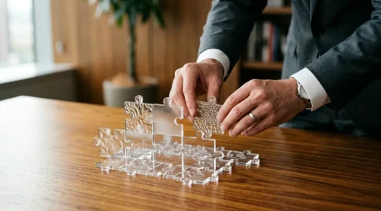 Un professionnel examine attentivement des documents contractuels dans un bureau moderne, symbolisant la personnalisation de l'assurance professionnelle