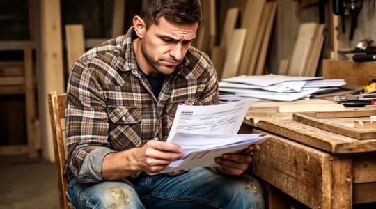 Artisan du bâtiment examinant attentivement des documents d'assurance dans son atelier