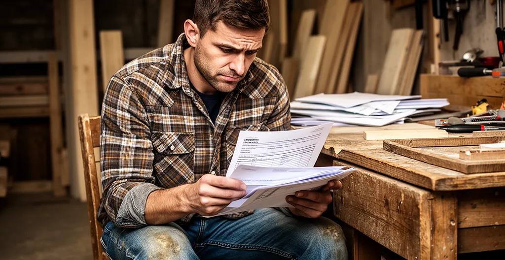 Artisan du bâtiment examinant attentivement des documents d'assurance dans son atelier