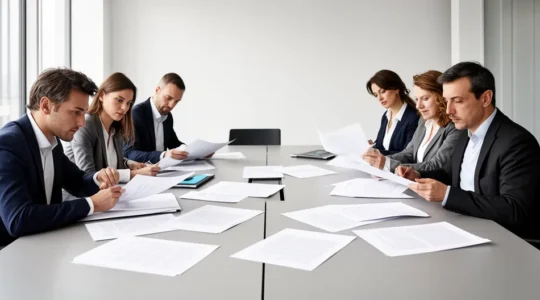 Bureau professionnel moderne avec documents d'assurance et entrepreneurs consultant des dossiers juridiques