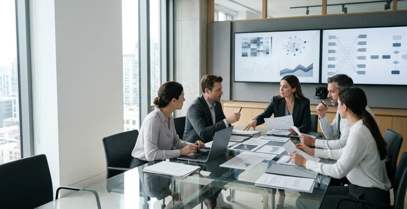 Vue d'ensemble d'un bureau moderne avec des professionnels analysant des documents de gestion des risques, ambiance professionnelle et organisée