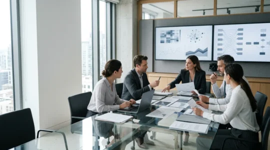 Vue d'ensemble d'un bureau moderne avec des professionnels analysant des documents de gestion des risques, ambiance professionnelle et organisée
