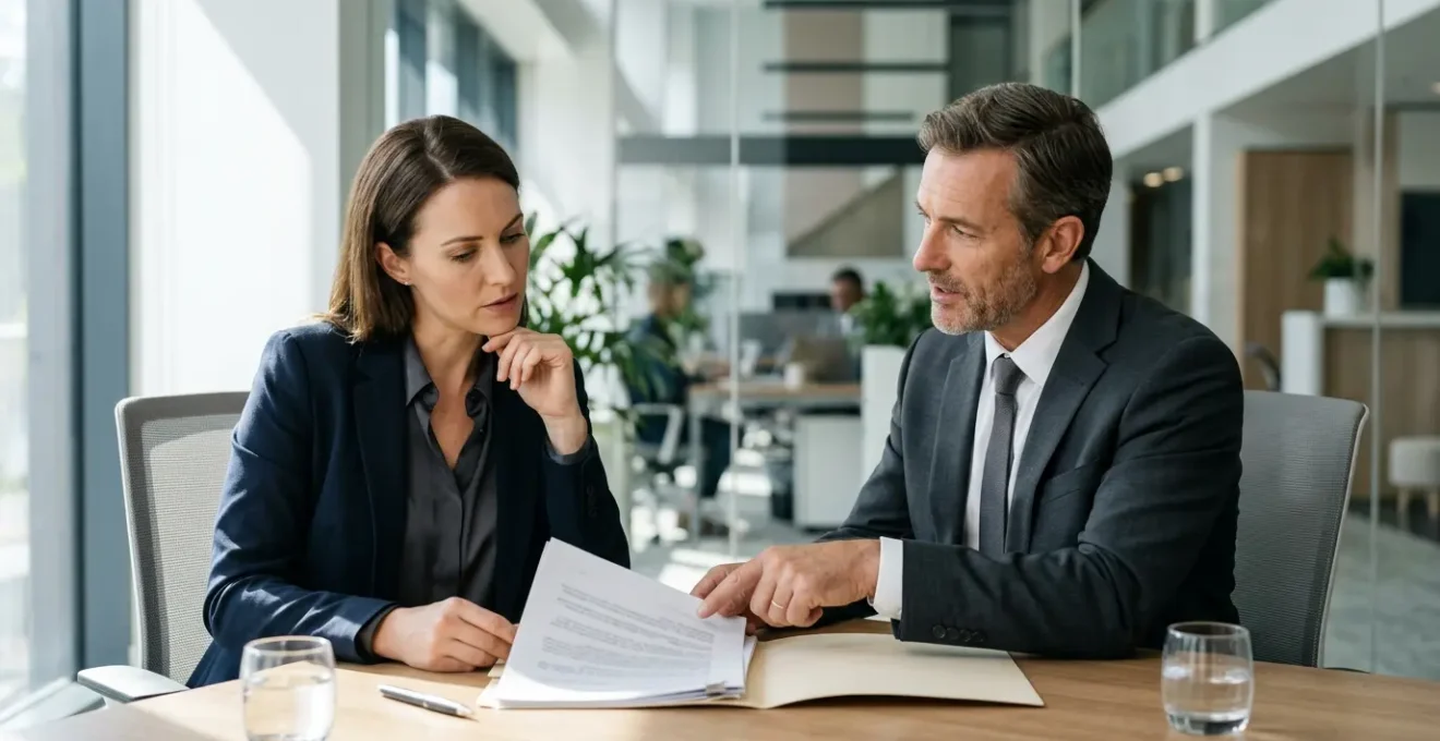 Un professionnel examine attentivement les clauses d'un contrat de protection juridique avec un conseiller