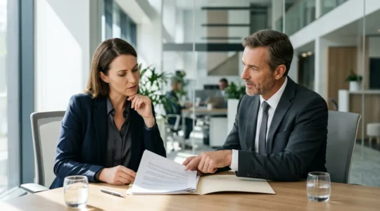 Un professionnel examine attentivement les clauses d'un contrat de protection juridique avec un conseiller