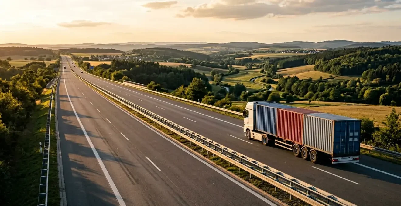 Camion transporteur roulant sur autoroute avec cargaison protégée