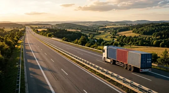 Camion transporteur roulant sur autoroute avec cargaison protégée