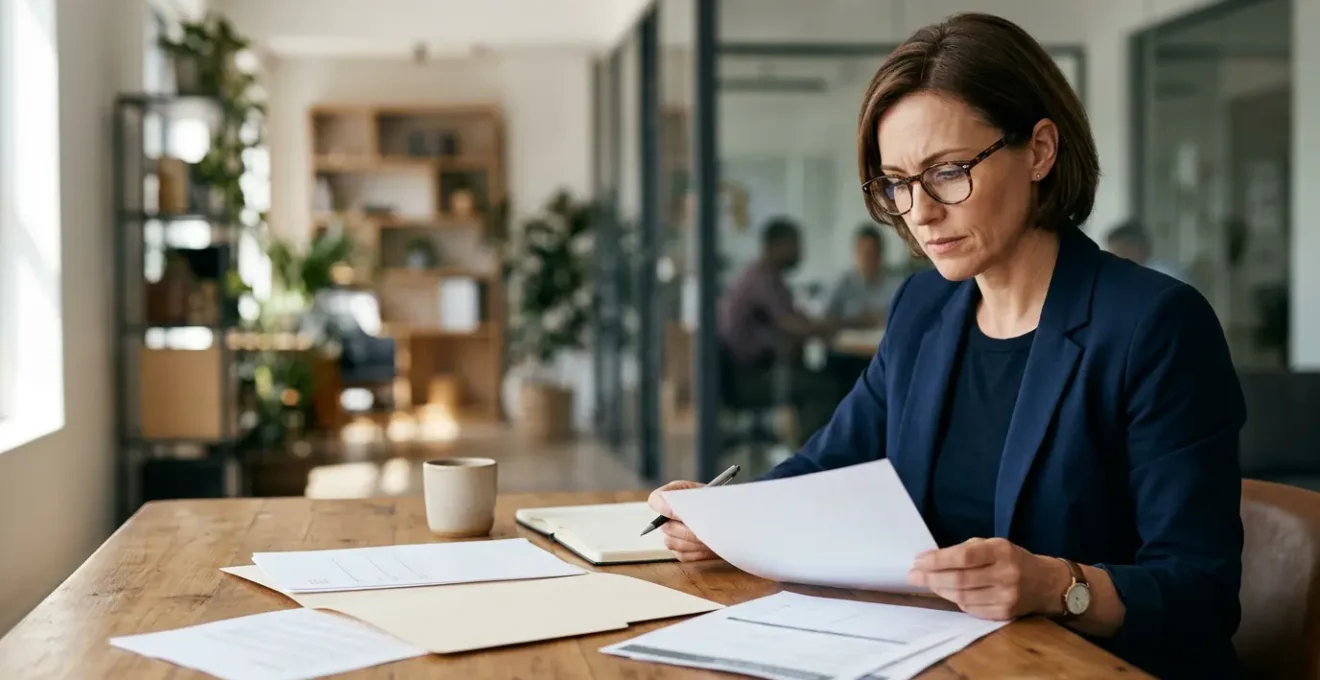 Dirigeant d'entreprise examinant attentivement des documents d'assurance dans son bureau moderne