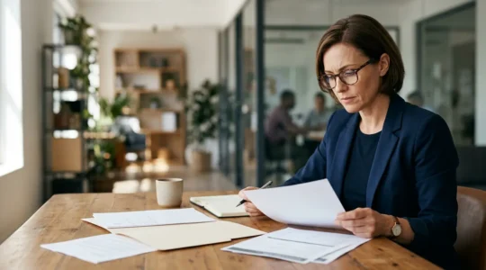 Dirigeant d'entreprise examinant attentivement des documents d'assurance dans son bureau moderne