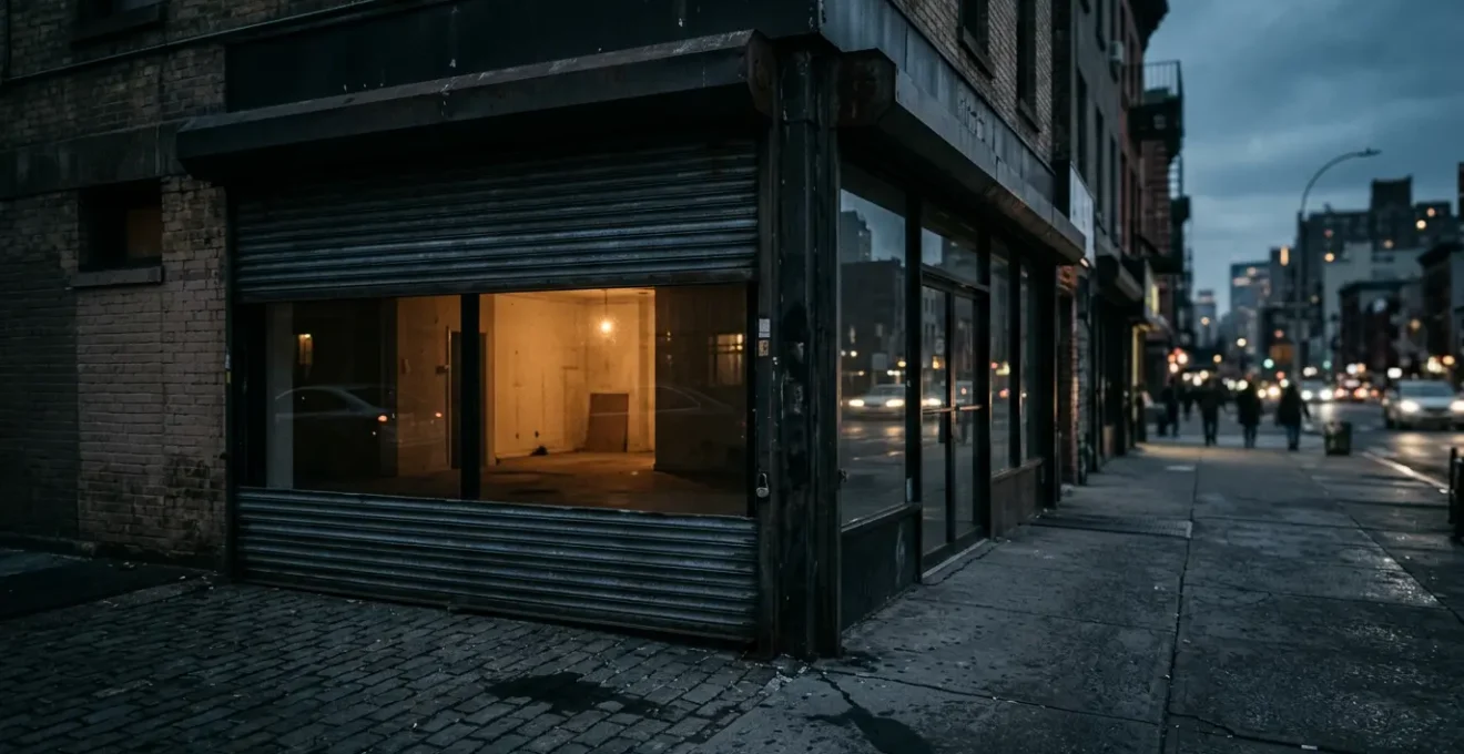Local commercial avec rideau métallique à moitié baissé, reflets dans la vitrine d'une activité urbaine, ambiance crépusculaire évoquant l'incertitude