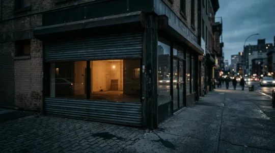 Local commercial avec rideau métallique à moitié baissé, reflets dans la vitrine d'une activité urbaine, ambiance crépusculaire évoquant l'incertitude
