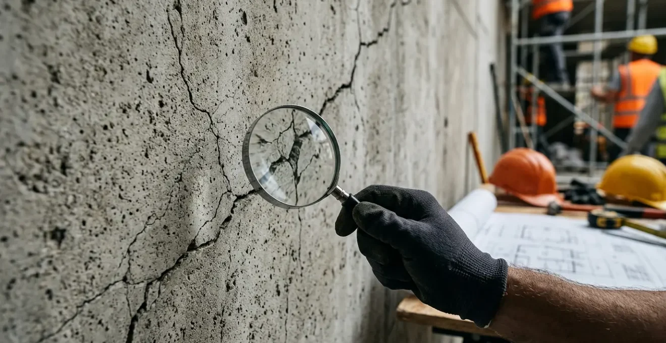 Main d'expert examinant une fissure dans un mur avec dossiers de garanties construction