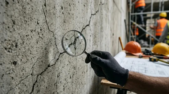 Main d'expert examinant une fissure dans un mur avec dossiers de garanties construction