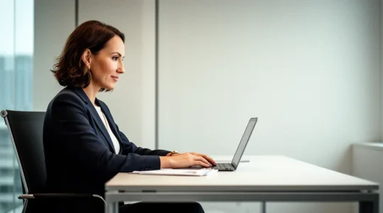 Consultant indépendant travaillant sereinement dans un bureau moderne avec des documents contractuels