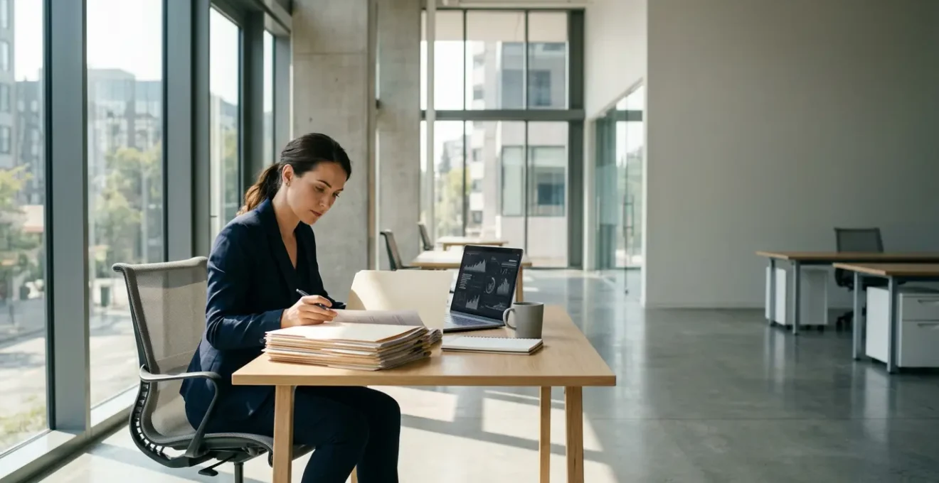 Entrepreneur analysant des documents d'assurance dans un bureau moderne avec ordinateur et dossiers