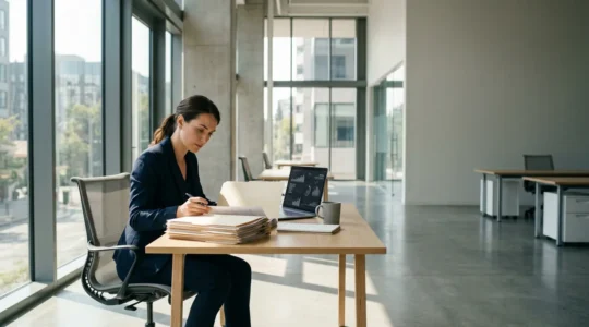 Entrepreneur analysant des documents d'assurance dans un bureau moderne avec ordinateur et dossiers