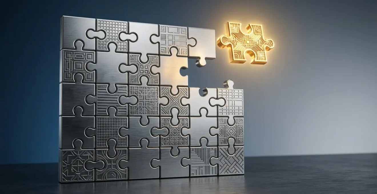 Métaphore visuelle d'un puzzle d'entreprise avec pièces d'assurance représentant la quête du contrat parfait