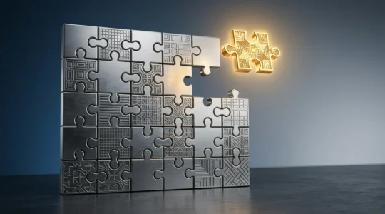 Métaphore visuelle d'un puzzle d'entreprise avec pièces d'assurance représentant la quête du contrat parfait