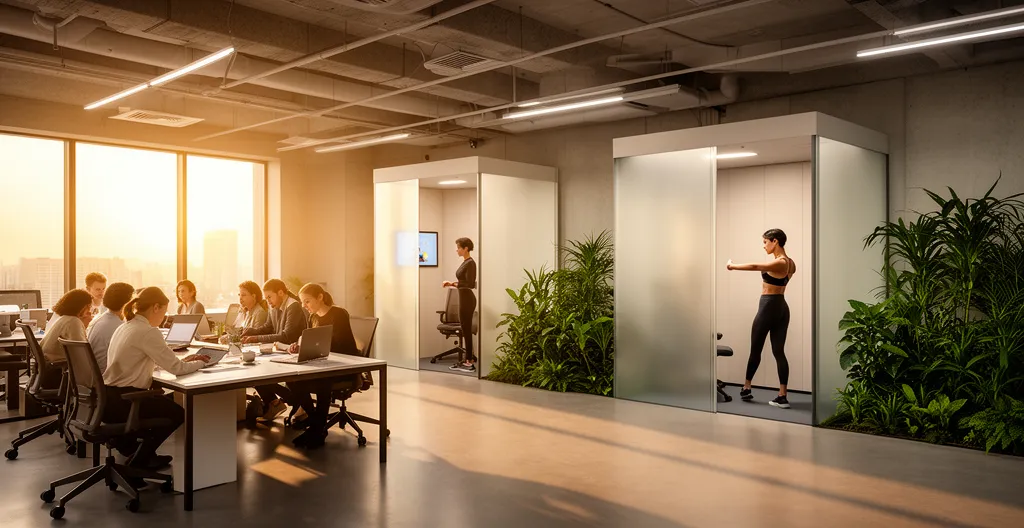 Bureau moderne avec espaces de bien-être montrant l'impact de la couverture santé sur la présence des salariés