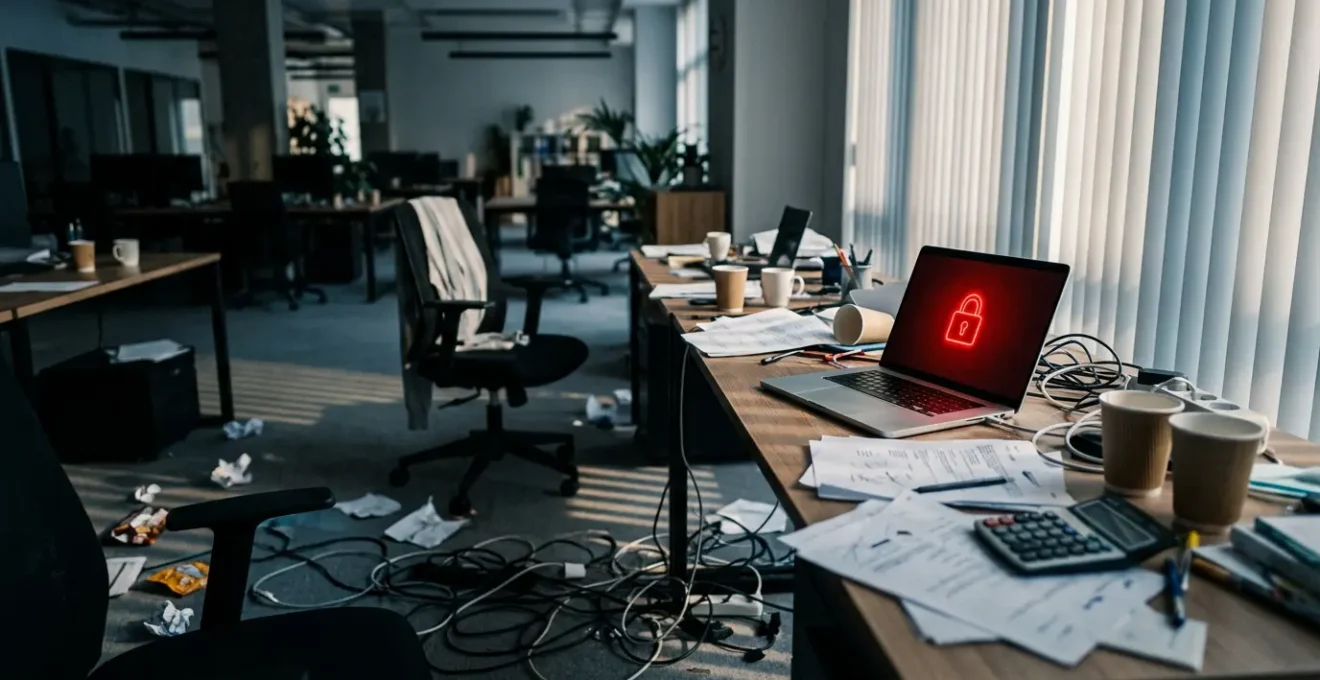 Bureau d'entreprise avec ordinateur affichant un cadenas rouge et documents éparpillés