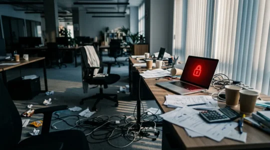 Bureau d'entreprise avec ordinateur affichant un cadenas rouge et documents éparpillés