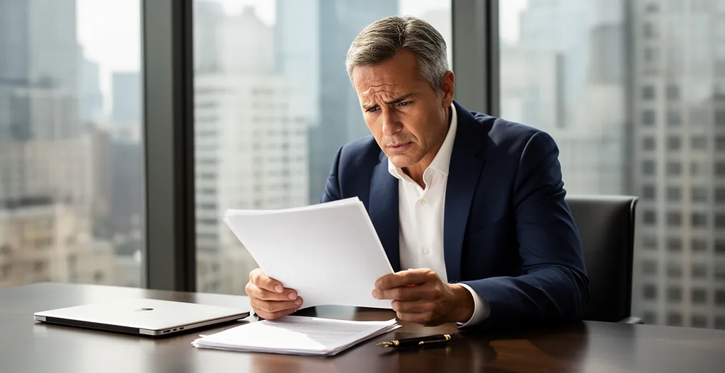 Dirigeant d'entreprise analysant des documents dans un bureau moderne avec vue sur la ville