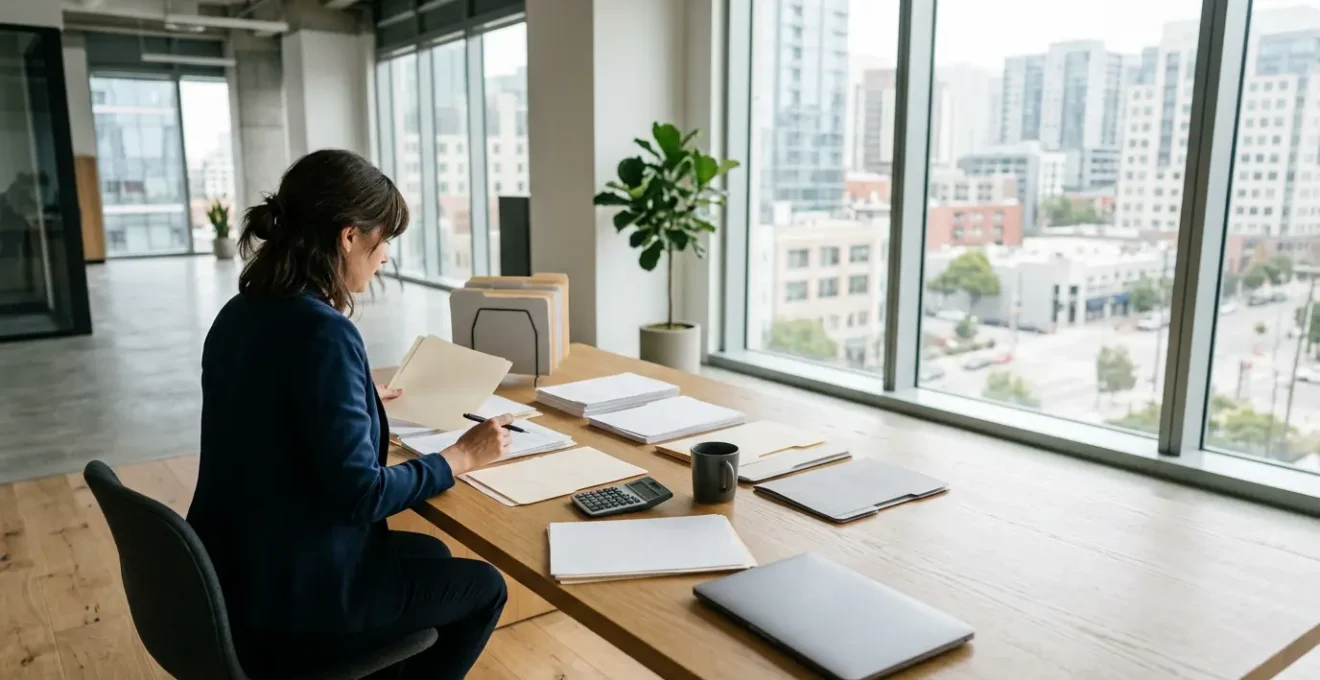 Dirigeant de TPE analysant ses contrats d'assurance dans un bureau moderne avec vue sur la ville