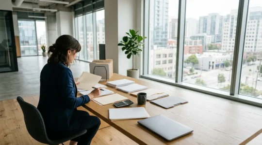 Dirigeant de TPE analysant ses contrats d'assurance dans un bureau moderne avec vue sur la ville