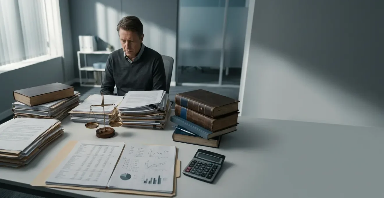 Dirigeant de TPE face à une pile de dossiers judiciaires avec balance de justice et calculatrice