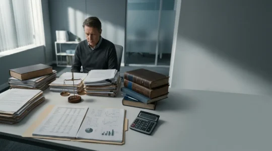 Dirigeant de TPE face à une pile de dossiers judiciaires avec balance de justice et calculatrice