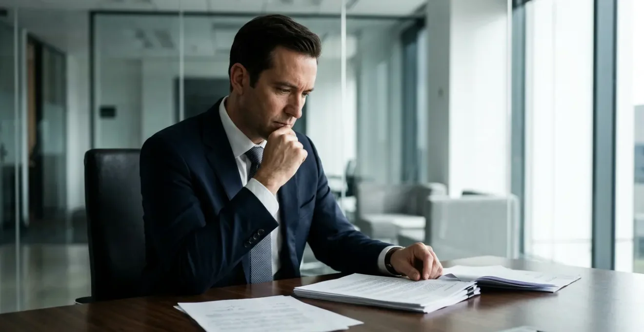 Dirigeant d'entreprise contemplant des documents contractuels dans un bureau moderne