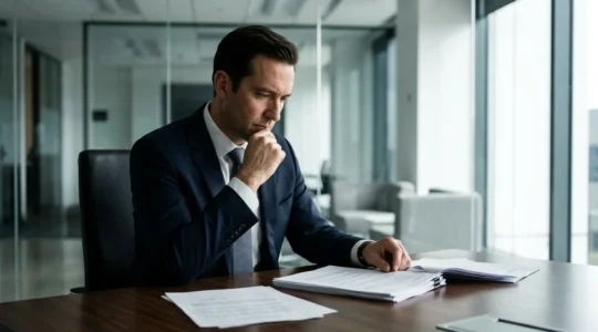 Dirigeant d'entreprise contemplant des documents contractuels dans un bureau moderne