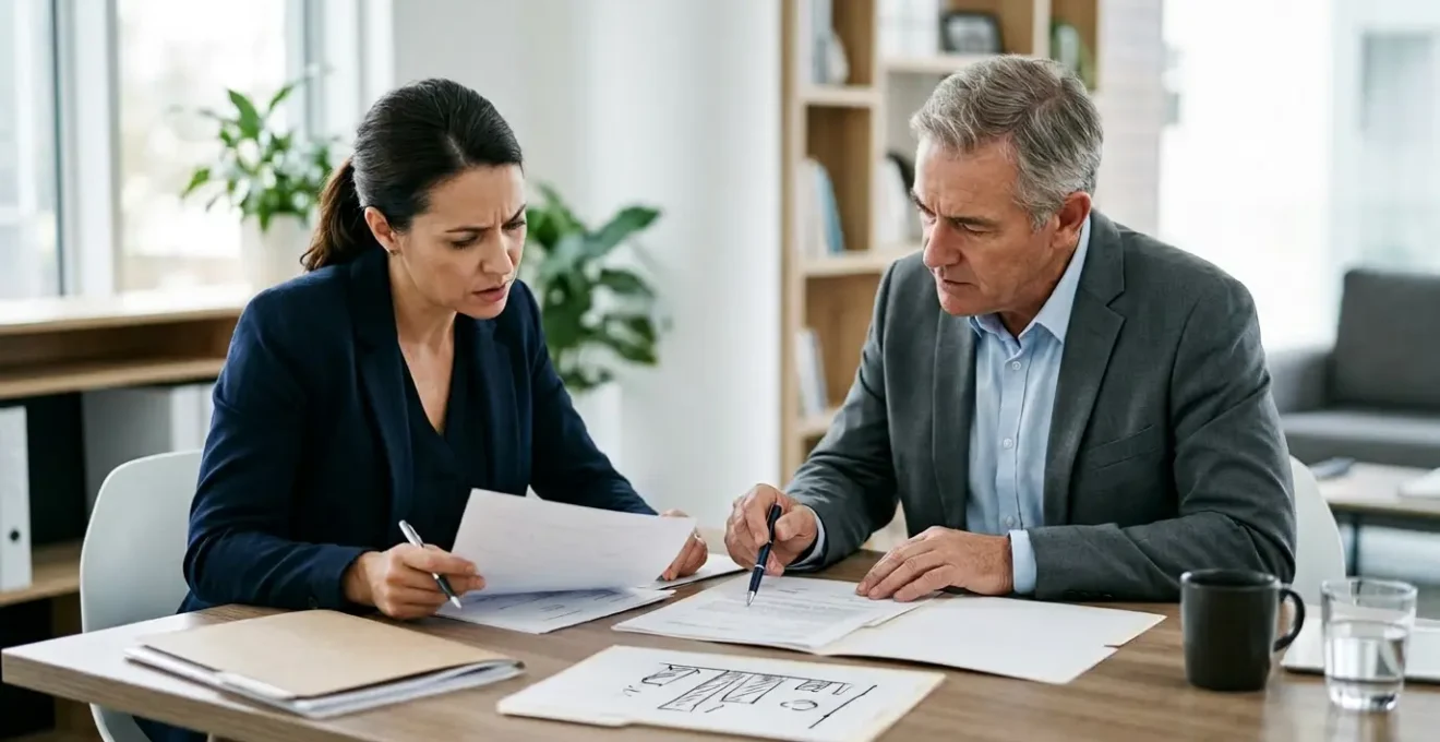 Entrepreneur analysant des documents de sinistre avec expert d'assurance dans un bureau moderne