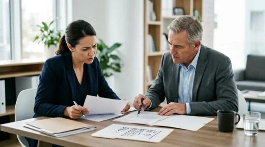 Entrepreneur analysant des documents de sinistre avec expert d'assurance dans un bureau moderne