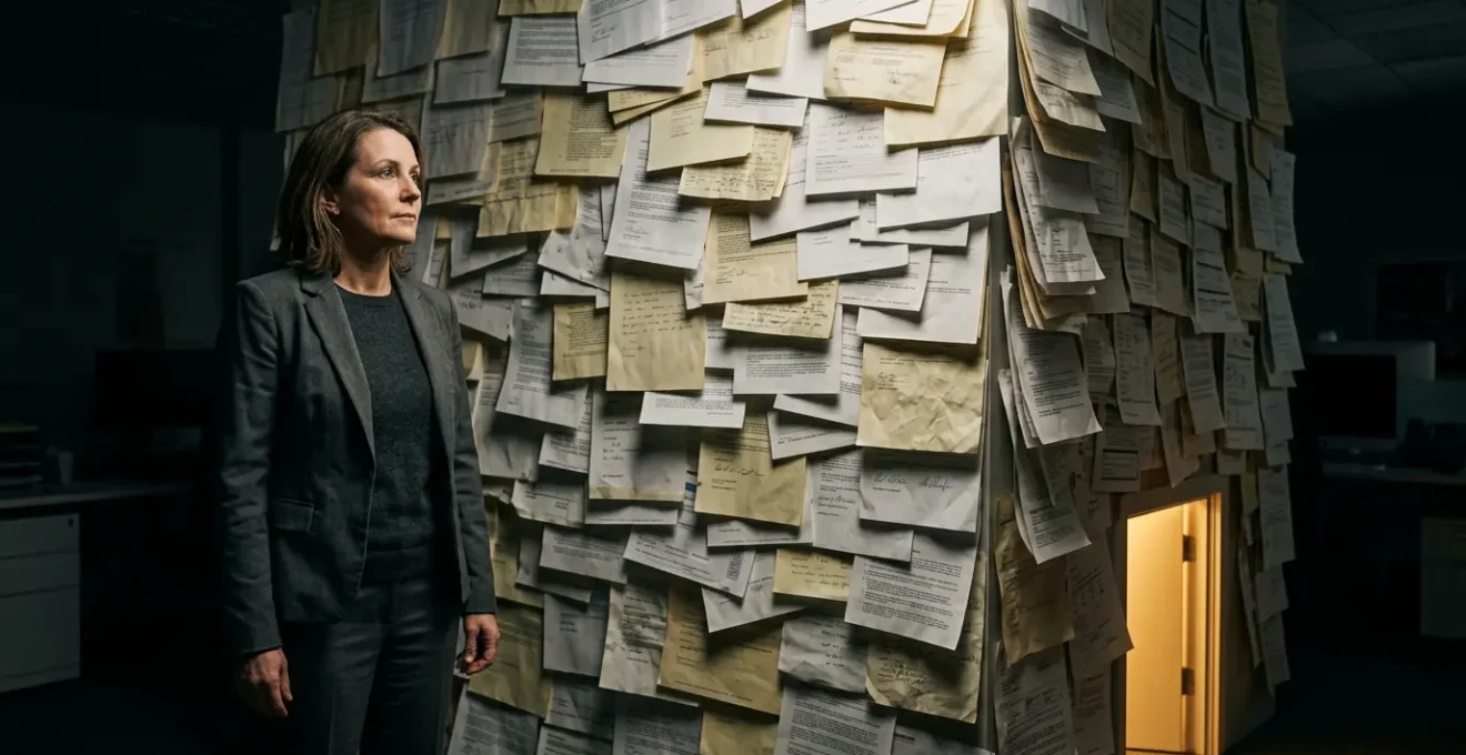 Entrepreneur face à un mur de refus d'assurance avec une petite porte lumineuse