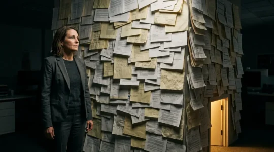 Entrepreneur face à un mur de refus d'assurance avec une petite porte lumineuse