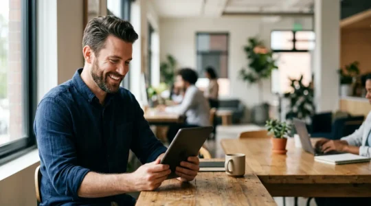 Entrepreneur signant rapidement un contrat d'assurance professionnelle dans un bureau moderne