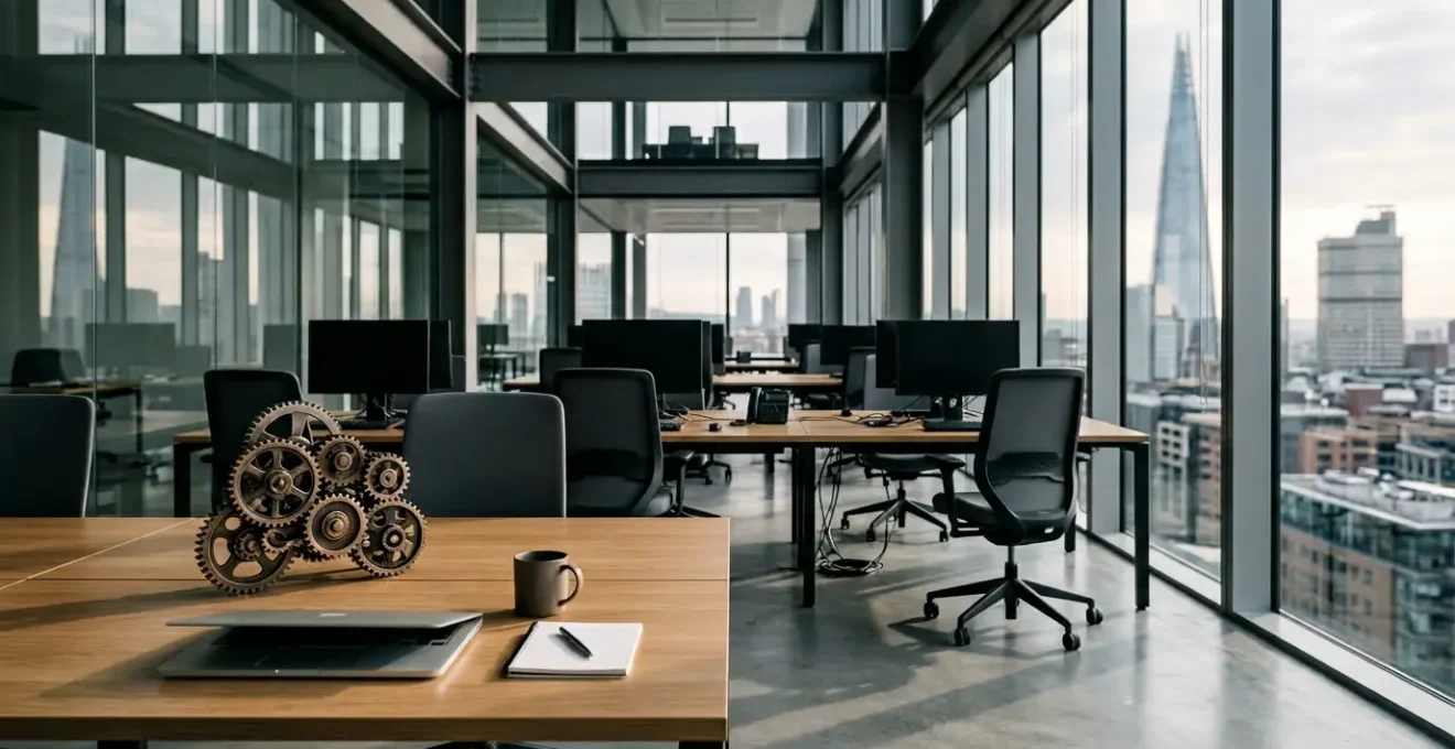 Vue d'ensemble d'un espace commercial moderne avec des éléments symbolisant la continuité d'activité