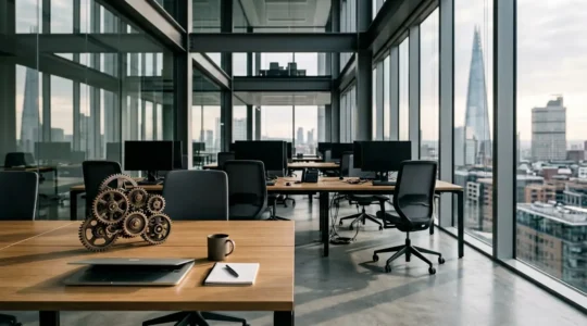 Vue d'ensemble d'un espace commercial moderne avec des éléments symbolisant la continuité d'activité