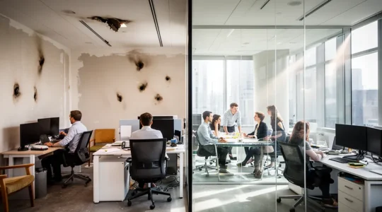 Vue d'un bureau professionnel moderne montrant la résilience et la continuité d'activité après un sinistre