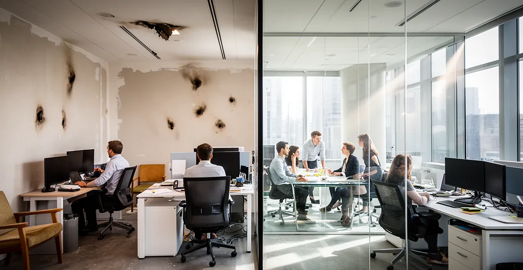 Vue d'un bureau professionnel moderne montrant la résilience et la continuité d'activité après un sinistre