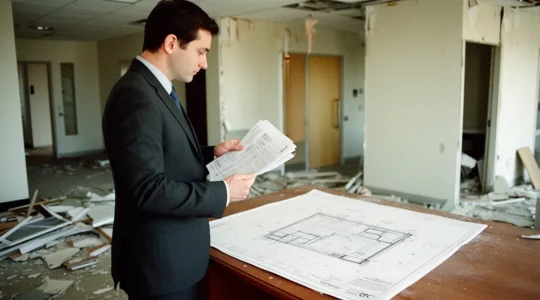 Dirigeant d'entreprise face à un bureau post-sinistre avec documents d'assurance et signes de reconstruction