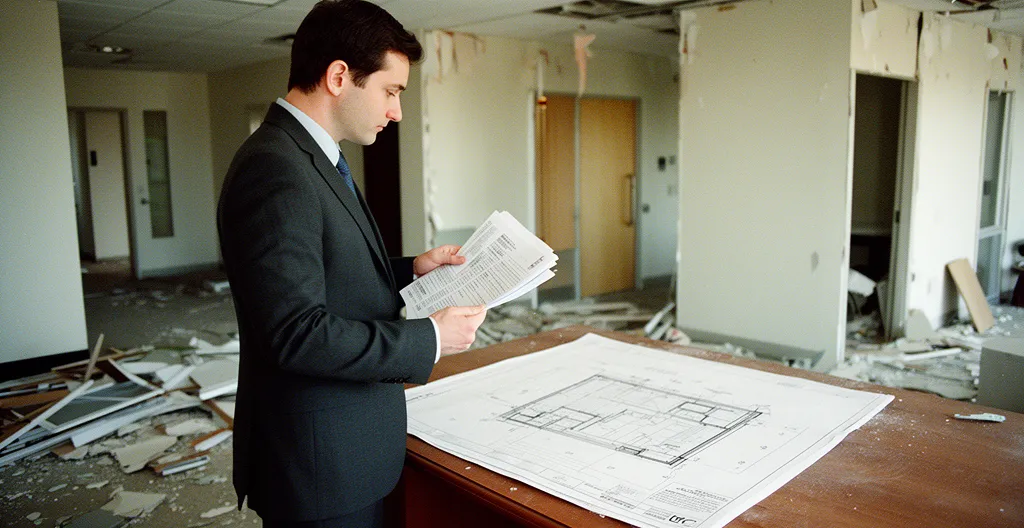 Dirigeant d'entreprise face à un bureau post-sinistre avec documents d'assurance et signes de reconstruction