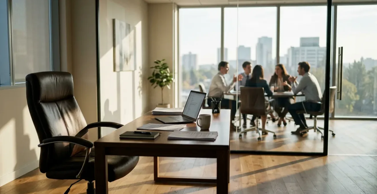 Bureau de direction vide avec chaise pivotante au premier plan et équipe réunie au fond en discussion urgente