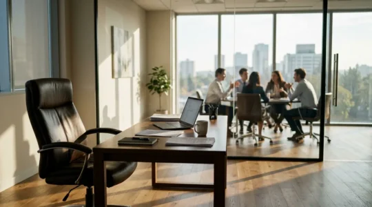 Bureau de direction vide avec chaise pivotante au premier plan et équipe réunie au fond en discussion urgente