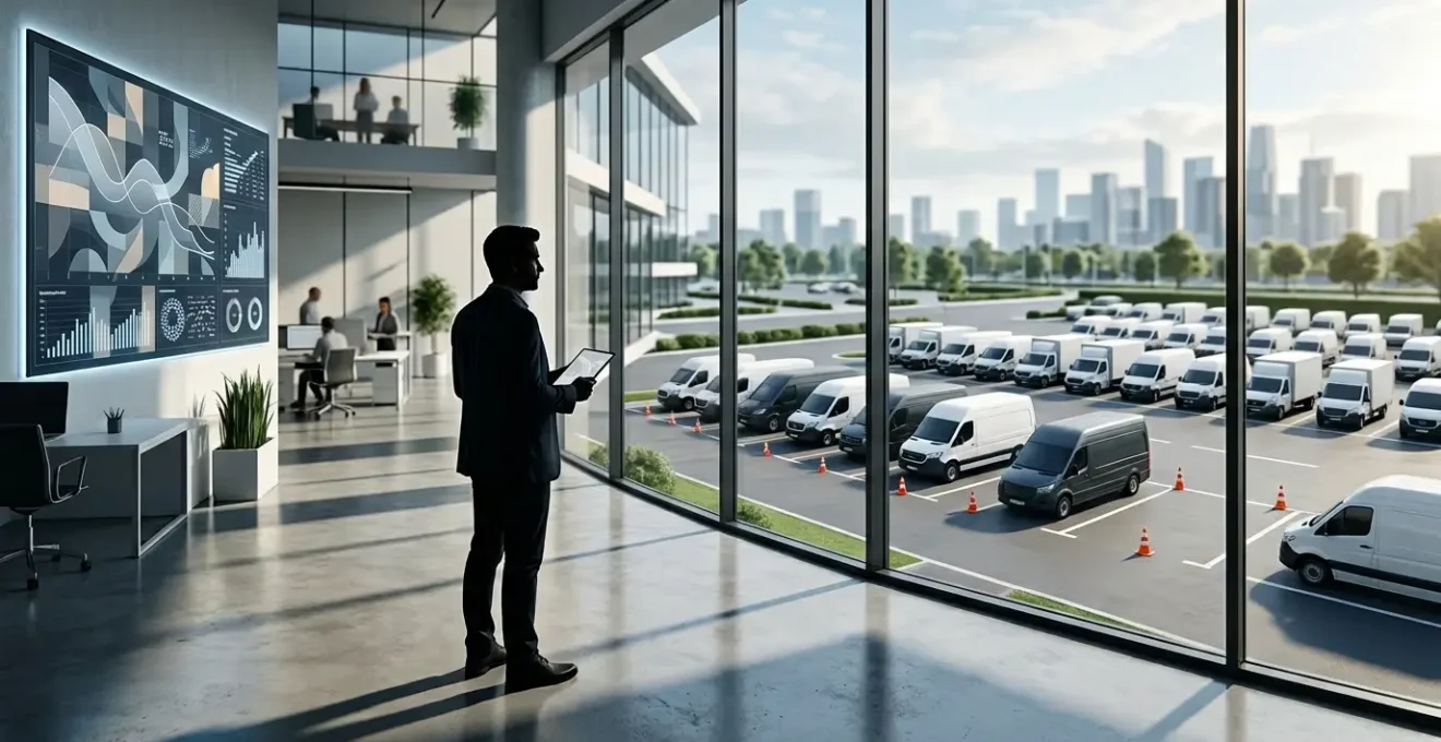 Tableau de bord moderne d'analyse de flotte automobile avec graphiques de sinistralité décroissants et véhicules commerciaux sécurisés