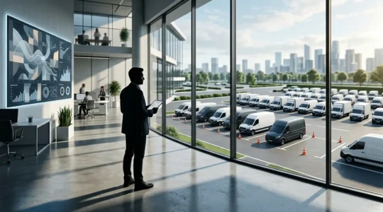 Tableau de bord moderne d'analyse de flotte automobile avec graphiques de sinistralité décroissants et véhicules commerciaux sécurisés