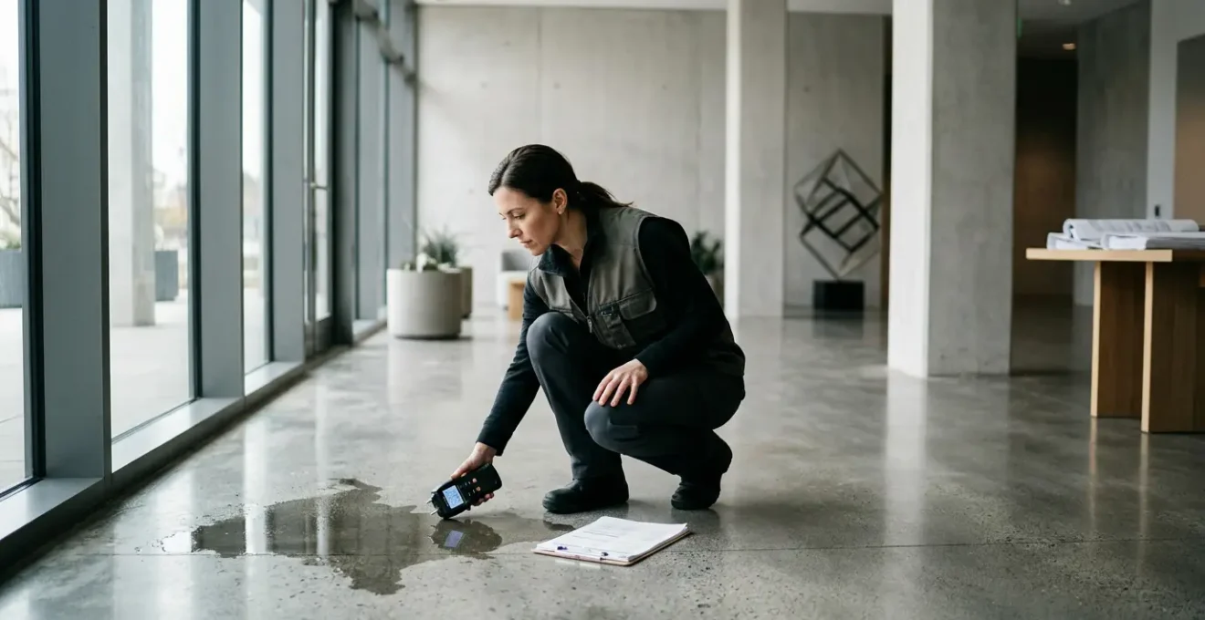 Local professionnel après sinistre avec expert évaluant les dommages