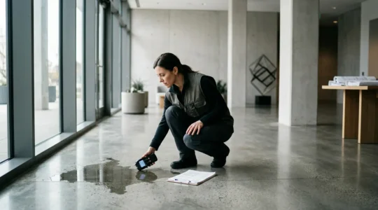 Local professionnel après sinistre avec expert évaluant les dommages