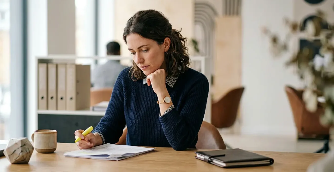 Professionnel analysant attentivement des documents d'assurance dans un bureau moderne