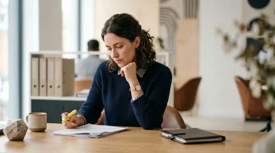 Professionnel analysant attentivement des documents d'assurance dans un bureau moderne